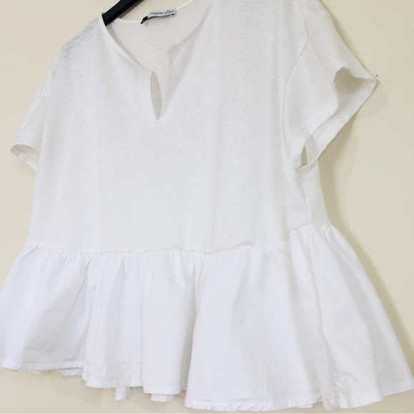 Mango Y2K Boho Oversize White Peplum Ruffle Hem Cropped Short Sleeve Preppy Top - Picture 5 of 16